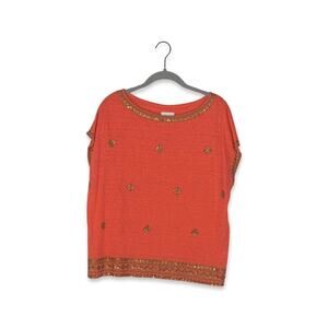 J. Jill Love Linen Orange Coral Gold Sequined Embellished Top